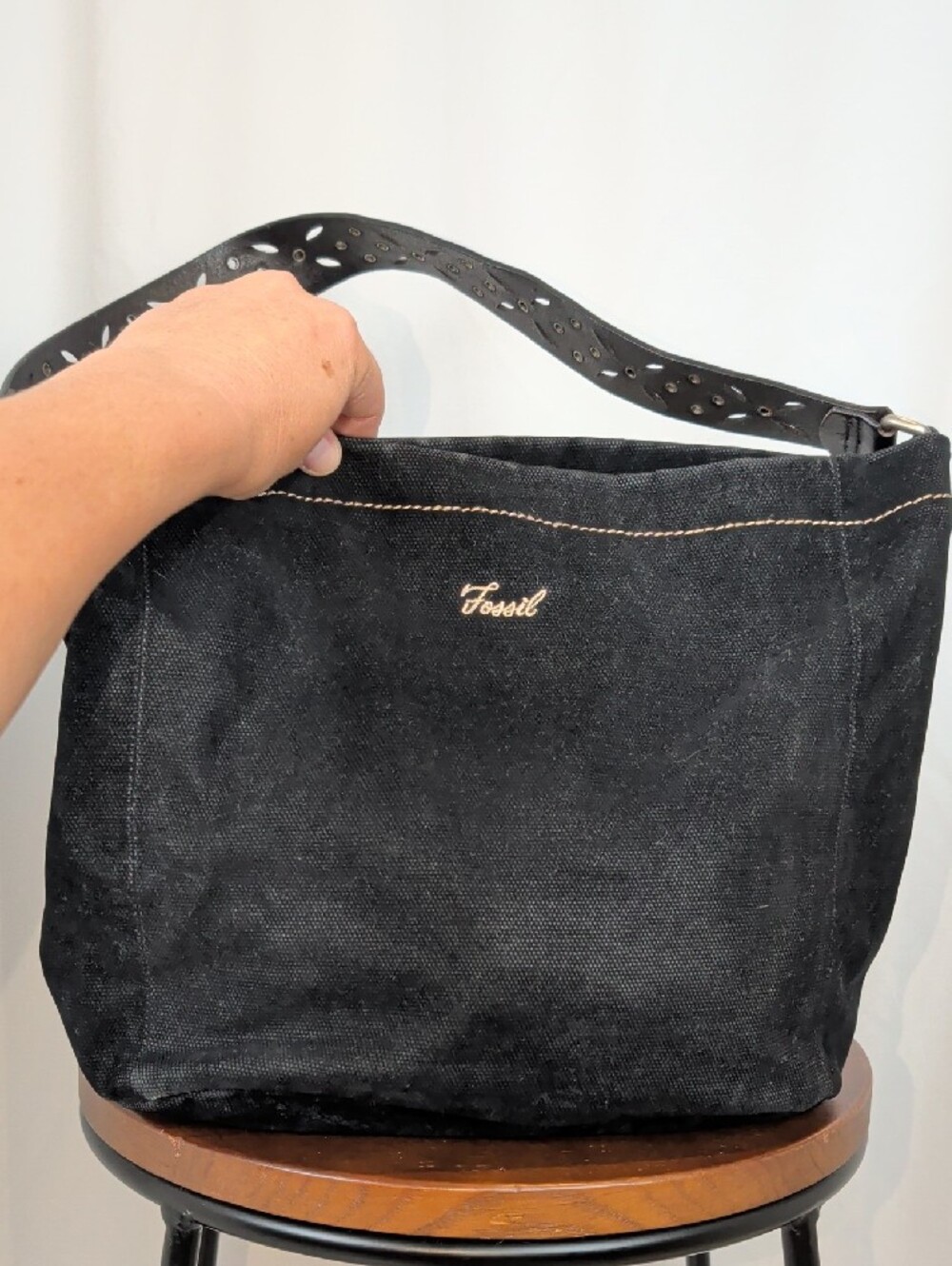 NWOT Vintage Fossil Black Canvas Leather Shoulder Bag